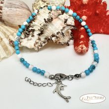 Bokalánc, karlánc ásványkő, medállal- Türkiz- kagylóhéj Delfin