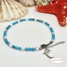 Bokalánc, karlánc ásványkő, medállal- Türkiz- kagylóhéj Delfin