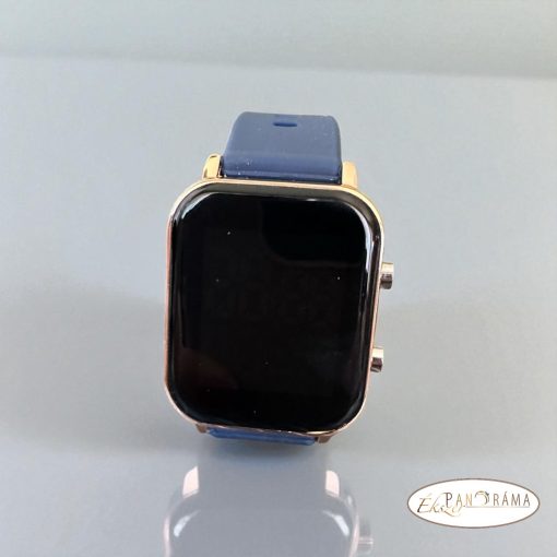 Digitális karóra , női, szögletes, arany színű tokkal, sötétkék színű szilikon szíjjal