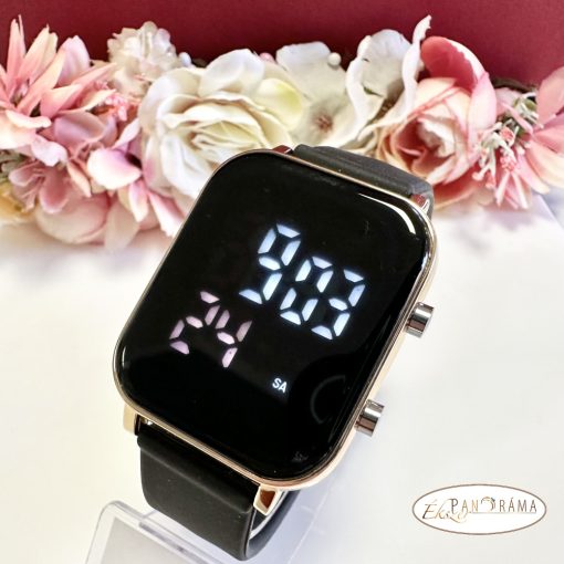 Digitális karóra , női, szögletes, arany színű tokkal, fekete színű szilikon szíjjal