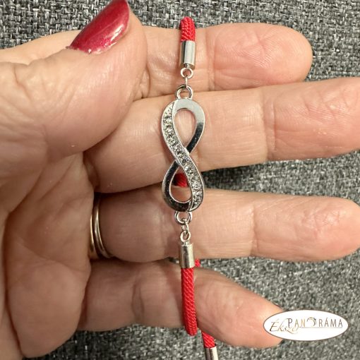 Zsinóros karkötő kristályos végtelen díszítéssel, csúszózárral -piros, ezüsttel