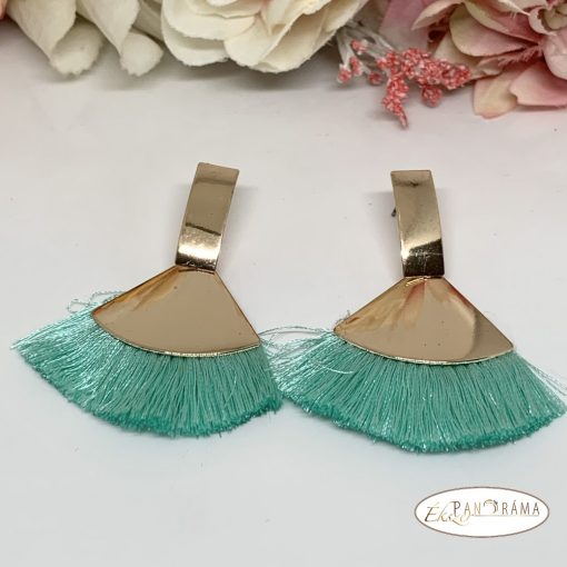 Fashion bojtos beszúrós fülbevaló  - arany menta zöld legyező