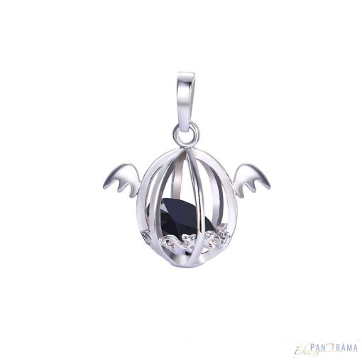 White Gold Filled  angyal szárnyas medál fekete kristállyal, vékony lánccal