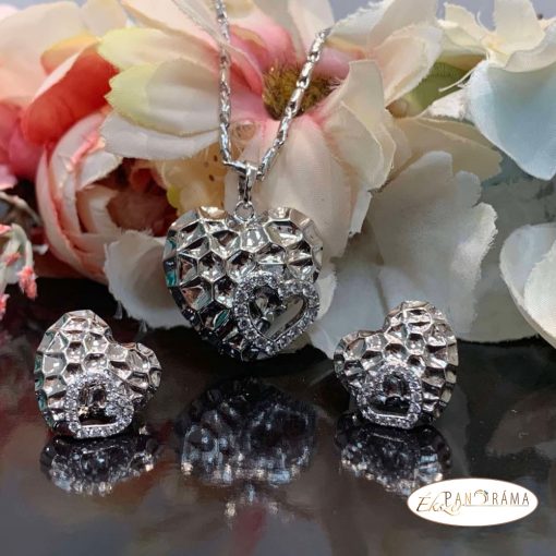  White Gold Filled Medál és beszúrós Fülbevaló szett - Heart