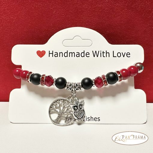 Ásványkő Karkötő - piros Jade és fekete ónix, életfa