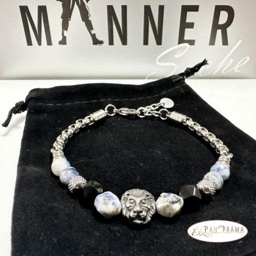 Férfi nemesacél karkötő ásványkövekkel - Szodalit, ónix