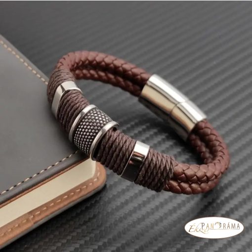Nemesacél-bőr Férfi Karkötő -  Fláviusz Brown